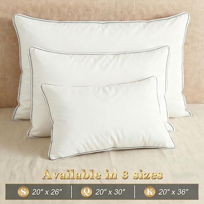 Feather Pillows King Size Set of 2 Goose Down Pillows with 100% Breathable Cotton Cover, Hotel Collection Bed Pillows for Sleeping, Soft Support for Back, Stomach and Side Sleepers