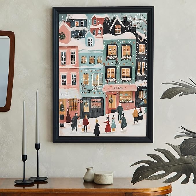 OZCONO Pastel Winter Town Wall Art for Christmas Decoration, Whimsical Snowy Village Scene for Seasonal Display, Retro Holiday Street Artwork, Cozy Xmas Home Accent, Noel Print (Unframed) (27x40)