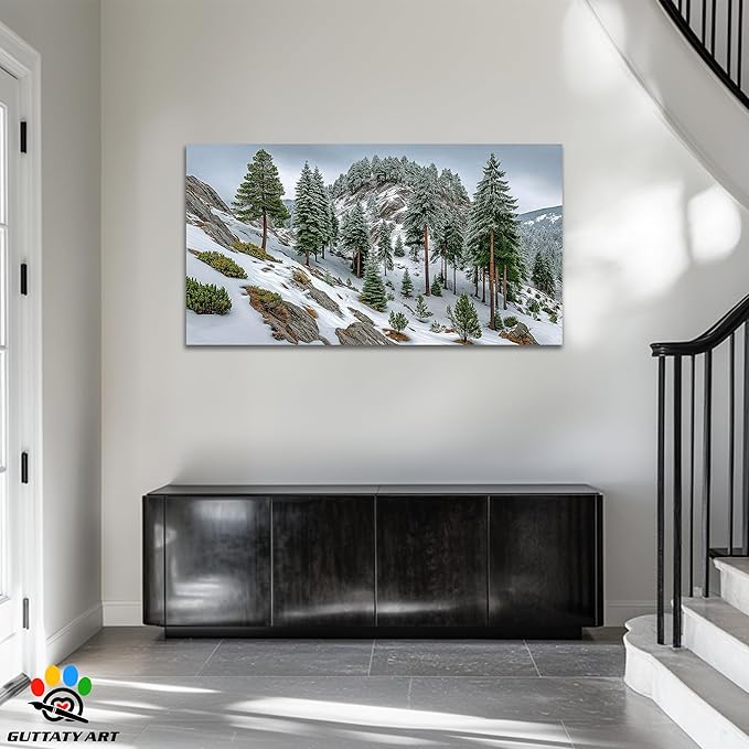 GUTTATY Christmas Winter Scene Canvas Wall Art, Snowy Forest Canvas Prints, Pine Tree Wall Painting, Serene Nature Poster Picture, Tranquil Landscape Wall Decor for Living Room, Bedroom, 60x30 Inch
