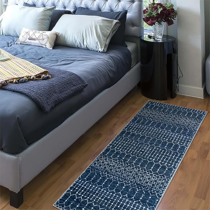 Lahome Moroccan Runner Rugs for Hallway - 2x4 Bathroom Rugs Non-Slip Small Throw Kitchen Carpet Low-Pile Mat for Entryway Laundry Room Mat Geometric Indoor Carpert for Entrance Bath (Blue,2'x4')