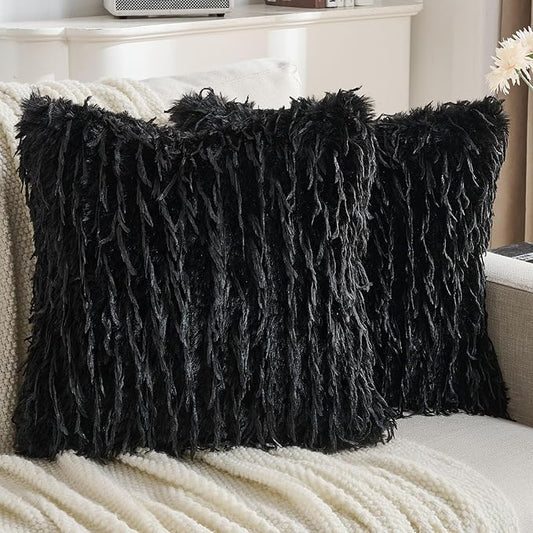 FUTEI Black Decorative Throw Pillow Covers 16x16 Inch Set of 2,Soft Fluffy Faux Feather Texture Cushion Cases,Modern Home Luxury Decor for Couch Bed Living Room