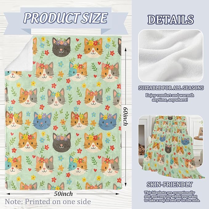 Charming Cat Blanket, Cute Kitten and Colorful Floral 50 x 40 Inch Flannel Throw Blanket, Gifts for Women Kids, Lightweight Cozy Warm Blankets for Sofa Travel Home Decor