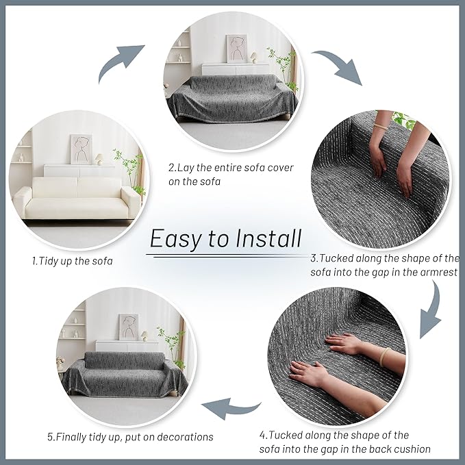 MYSKY HOME Sectional Couch Cover, Dark Grey Lines Sofa Covers for Sectional Sofa L Shape Chenille Couch Protector for Dogs Pets Couch Throw Cover Washable Durable for Home Decor, 71" X118"