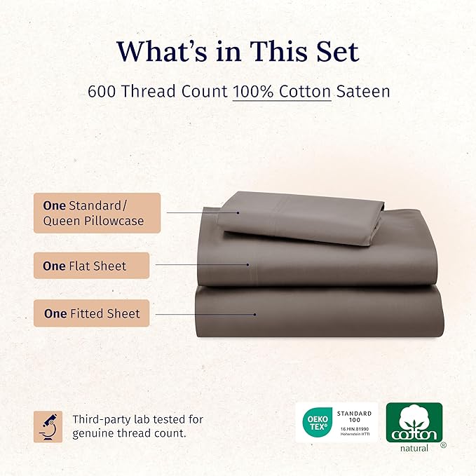 California Design Den Twin Bed Sheets 100% Cotton, 600 Thread Count Sateen, Soft, Cooling Brown Twin Sheet Set, Hotel-Quality Bedding with Deep Pockets (Mushroom - Taupe Brown)