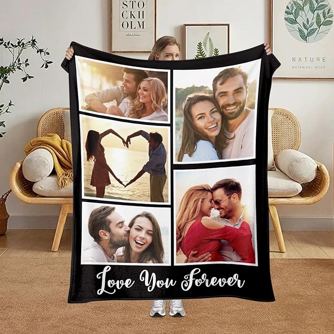 Jecivila Custom Blanket with Picture Text Personalized Photo Flannel Throw Blankets Customized Couple Gifts for Girlfriend Boyfriend Wife Husband on Valentine's Day Birthday
