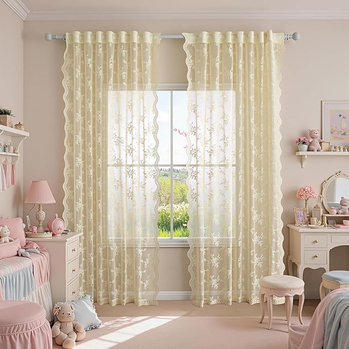 MEETSKY Lace Sheer Curtains 63 Inch Length Light Yellow Vintage Victorian French Elegant Light Filtering Back Tab Rod Pocket Boho Style Drapes for Living Room Bedroom for Farmhouse, 50"x63", 2 PCs