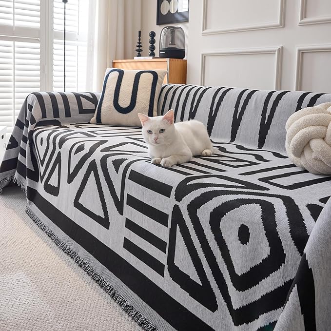 DREAMINGO Boho Couch Cover Washable Chenille Sofa Cover Blanket Light Grey Black Furniture Protector for Sectional 3 Cushion Couch Reversible Geometric Sofa Slipcover, XX-Large 71"x150"