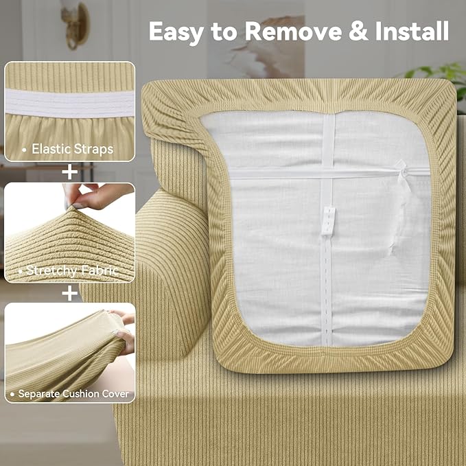 Waterproof Loveseat Cover 3-Piece Set Striped Slipcover for 2 Separate T Cushion Couch - TPU Fabric 2-Seater Sofa Covers Leakproof Couch Protector for Kids, Pets(Loveseat, Camel)