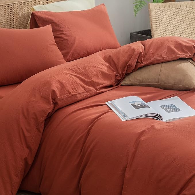 BESTOUCH Duvet Cover Set 100% Washed Cotton Linen Feel Super Soft Comfortable Chic Lightweight 3 PCs Home Bedding Set Solid Burnt Brick Red King