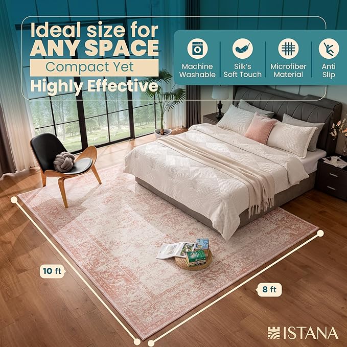 Istana 8x10 Area Rug - Pink 8x10 Rugs for Living Room - Foldable Rugs for Bedroom - Stain Resistant Washable Rug - Eco-Friendly Area Rugs - Easy to Clean Living Room Rug