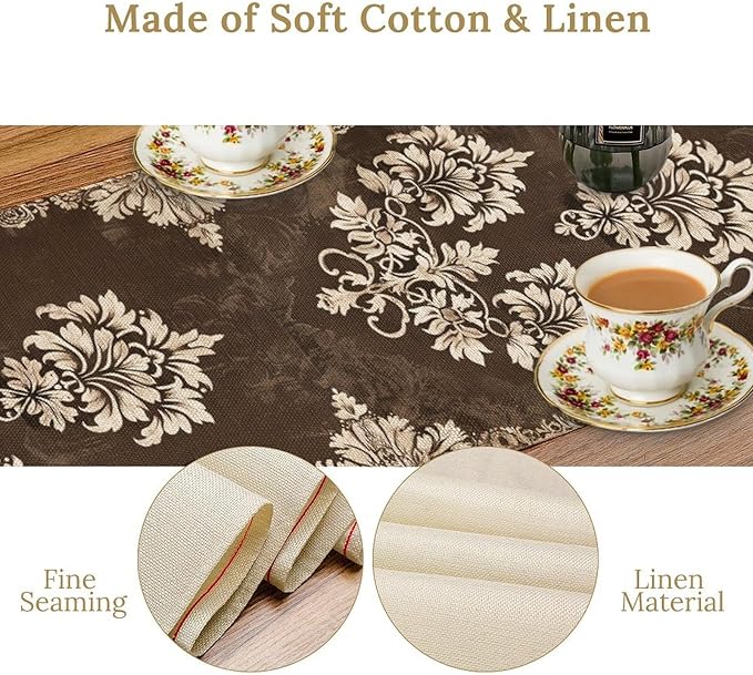 Moroccan Damask Table Runner, Oriental Classical Damask Inspired Abstract Bird Pattern Table Runner for Kitchen Dining Weddings Party Decor 13x72in