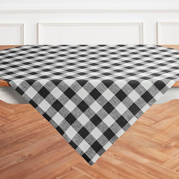 Solino Home Linen Checkered Tablecloth 52 x 52 Inch - 100% Pure Linen Black and White Buffalo Plaid Square Tablecloth - Machine Washable Table Throw for Fall, Autumn, Winter, Thanksgiving