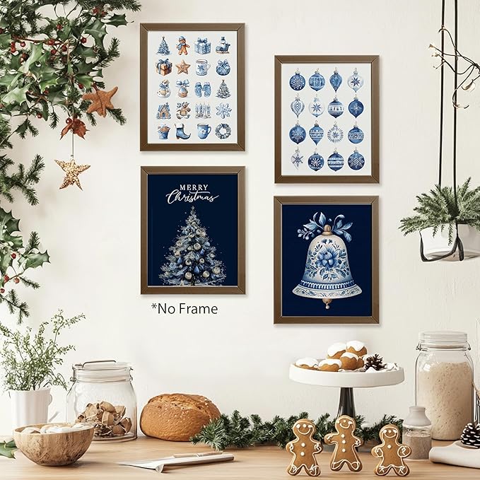 AEHIE Chinoiserie Blue and White Christmas Wall Art Poster Prints for Home Living Room Bedroom Kitchen, Winter Holiday Artwork Poster Blue Xmas Tree Bell Snowflake Decorations Unframed 4pcs 8x10inch