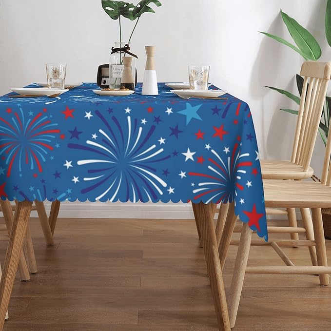Fireworks Tablecloth 4th of July Fireworks Rectangle Tablecloth Americana Red White and Blue Firework Table Cover 54×72 Inch Washable Table Cloth for Kitchen Dining Room Party