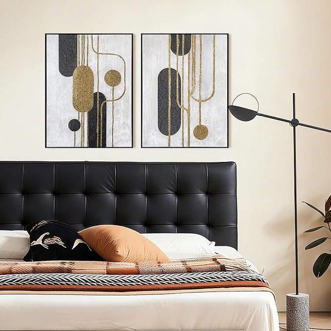 Artiluxy Minimalist Abstract Wall Art Set of 2 – Black and Gold Line Art on White Background, Textured Canvas Geometric Paintings, Modern Aesthetic Decor for Living Room, Bedroom, or Office – 18x24in
