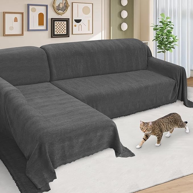 ALIECOM Sectional Couch Covers L Shape Sectional Sofa Cover for Dogs 2 Piece Thick Chenille L Shaped Couch Cover Blanket Chaise Sofa Slipcovers Pet Furniture Protector Washable (X-Large, Dark Grey)