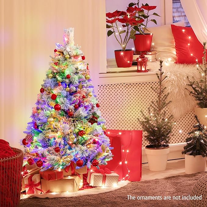 HAPPYGRILL 4.5 FT Pre-lit Artificial Christmas Tree, Snow-Flocked Xmas Tree with 160 Multi-Color LED Lights, 8 Lighting Modes, 472 Branch Tips, Pine Needles, Hinged Tree for Home Office Party
