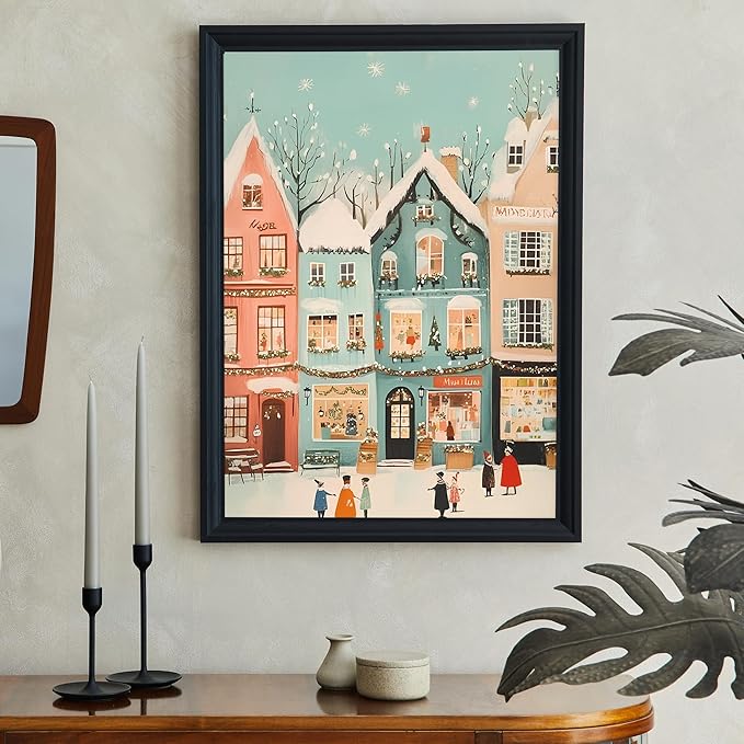 OZCONO Retro Winter Town Art, Pastel Christmas Village Decor, Xmas Print, Cozy Holiday Home Accent, Seasonal Wall Artwork for Festive Interior Style (Unframed) (24x36)