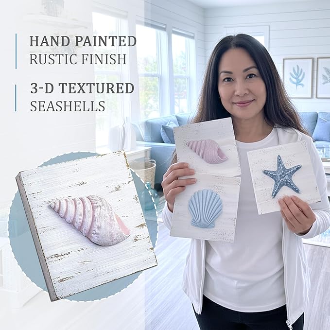 Tide and Tales 3D Beach Wall Art - Seashell with Starfish for Coastal Bathroom Decor, Ocean Inspired Decor for Bathroom, Coastal Bedroom, Living Room or Beach House, Set of 3 (6”x 6”)