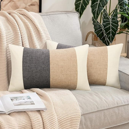 Pyonic Boho Lumbar Pillow Covers Cream White and Grey Throw Pillow Covers 12X20 Set of 2 Farmhouse Decorative Linen Pillow Covers for Couch Sofa Living Room