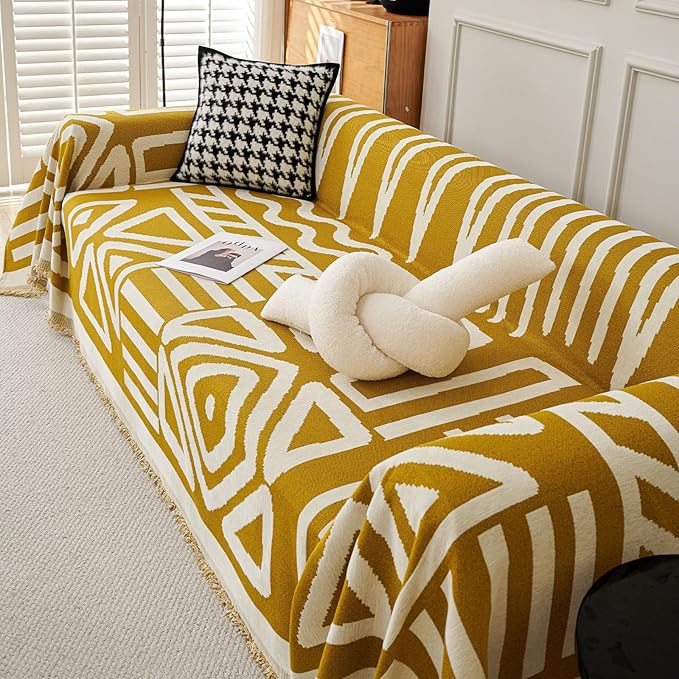 VClife Boho Couch Cover Oversized Sofa Covers, Chenille Sofa Protector Sectional Couch Cover for 3 Cushion Couch Sofa, Anti Slip L Shape Sofa Covers Washable for Dog, Mustard Yellow, 91"x150"