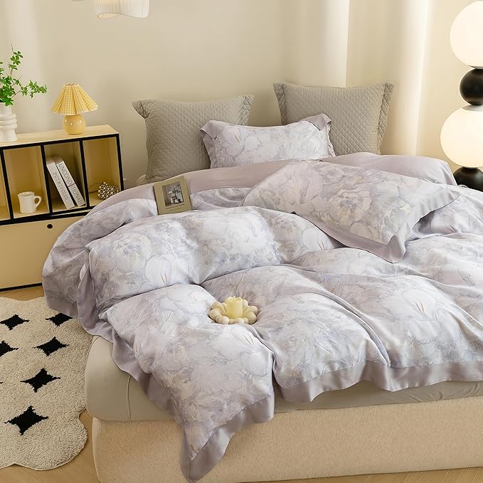 ECOCOTT Bedding 3-Piece Duvet Cover Queen Size, Silky Soft 100% Lyocell, Hypoallergenic & Eco-Friendly, Elegant Bloom (Soft Purple) Floral Pattern, Cooling & Breathable for Hot Sleepers