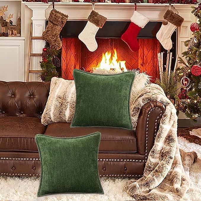 decorUhome Christmas Chenille Soft Throw Pillow Covers 18x18 Set of 2, Farmhouse Velvet Neutral Decorative Euro Fall Pillow Covers with Stitched Edge for Couch Sofa Bed Home Decor, Forest Elf