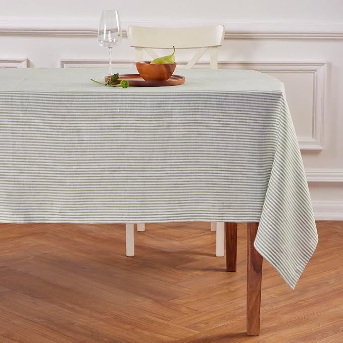 Solino Home Linen Tablecloth 60 x 132 Inch - Narrow Stripe 100% Pure Linen Avocado and White Table Cloth for Rectangle Tables - Machine Washable Tablecloth for Fall, Autumn, Thanksgiving