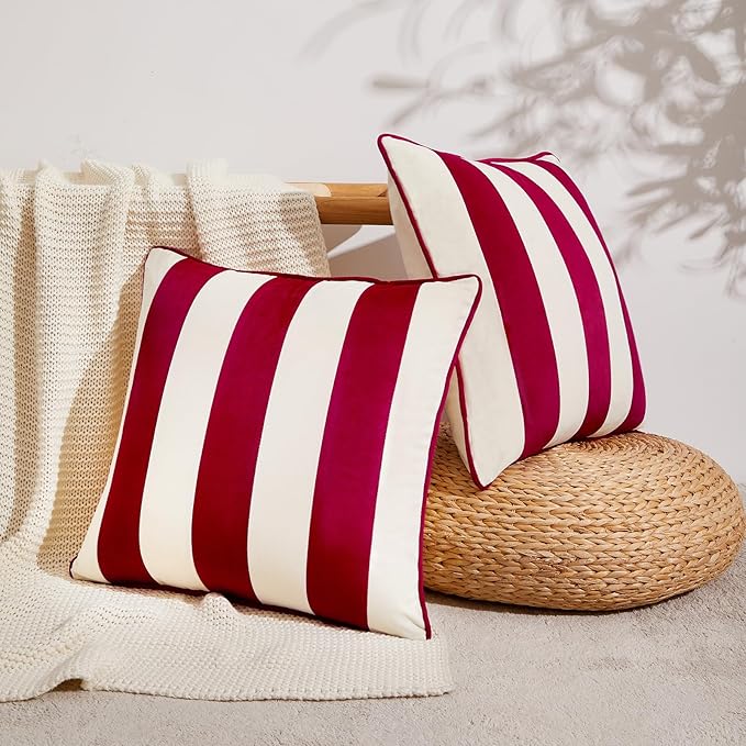 MONDAY MOOSE Christmas Decorative Throw Pillow Covers Cushion Cases, Set of 2 Soft Velvet Striped Piping Edge Designs, Pillow Inserts Not Included (Red/White, 18x18 inch)