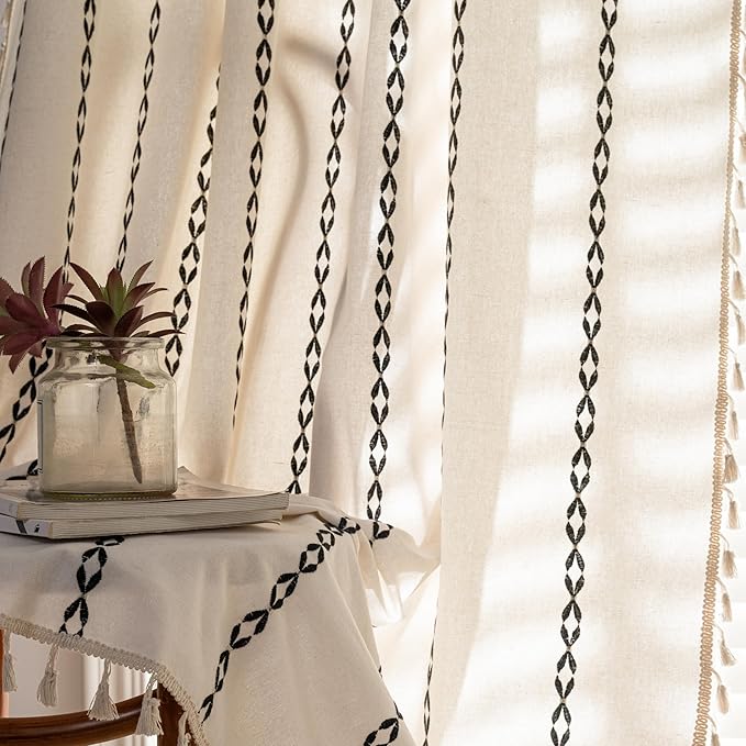 Sutuo Home Boho Curtains for Bedroom Living Room 90 Inches Long, White and Black Bohemian Curtain, Light Filtering Country Rustic Semi Blackout Farmhouse Drape Top Rod Pocket, 1 Panel W52 x L90