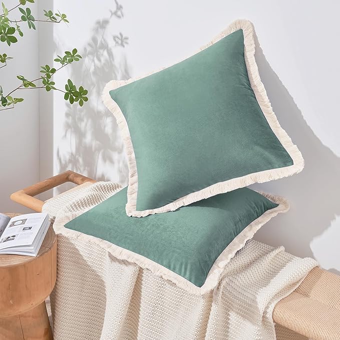 MONDAY MOOSE Decorative Throw Pillow Covers Cushion Cases, Set of 2 Soft Velvet Modern Fringe Tassel Designs, Mix and Match for Home Decor, Pillow Inserts Not Included (Sea Green, 16x16 inch)