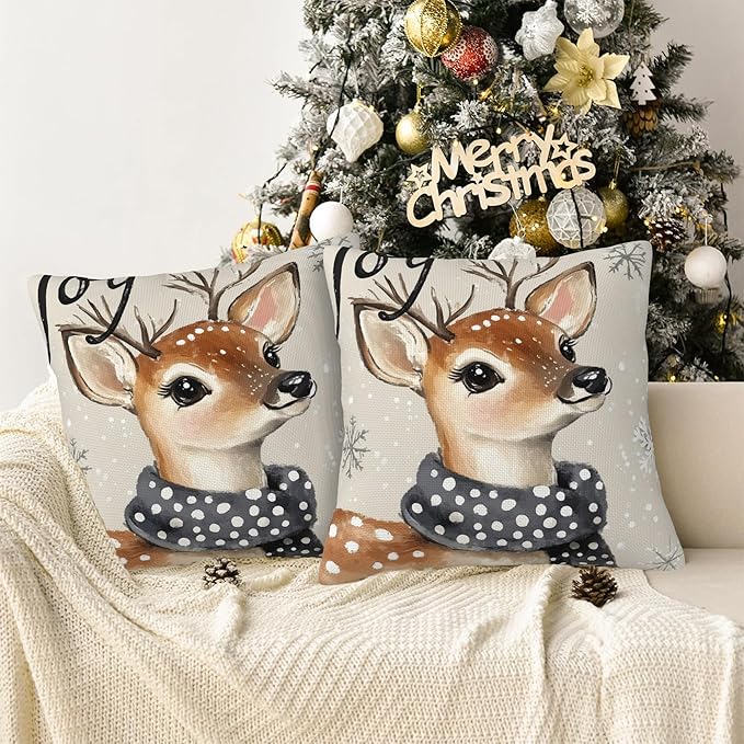 Christmas Pillow Covers 18X18, Christmas Deer Joy Decorative Throw Pillow Covers, Winter Snowflake Deer Pillow Cover Pillowcase Cushion Case for Home Sofa Couch Indoor Outdoor Set of 2