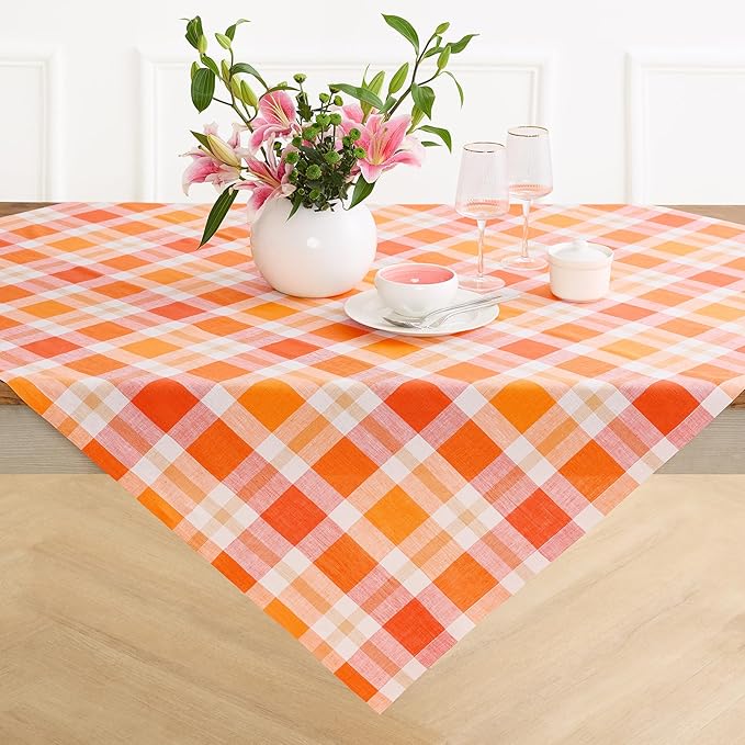 Solino Home Linen Plaid Square Tablecloth 52 x 52 Inch - 100% Pure Linen Pumpkin Table Throw - Autumn, Thanksgiving, Holiday, Fall Buffalo Check Machine Washable Table Cloth
