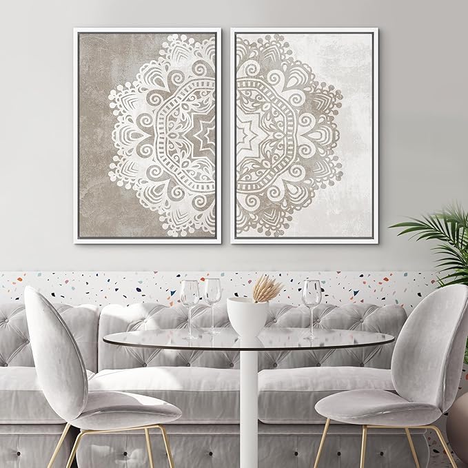 SIGNWIN Framed Canvas Print Wall Art Set Duotone Cultural Indian Mandala Pattern Abstract Shapes Illustrations Modern Art Minimal Boho Relax/Calm for Living Room, Bedroom, Office - 24"x36"x2 White