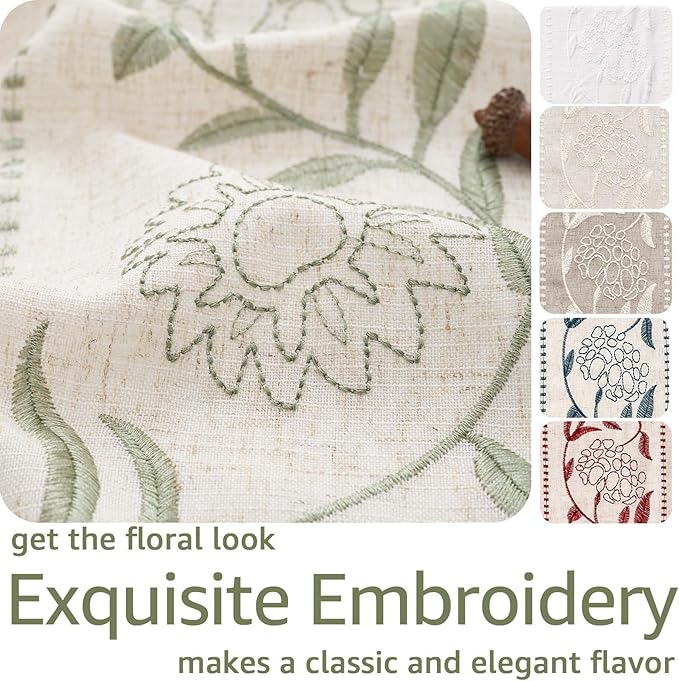 jinchan Winslow Linen Curtains for Bedroom 63 Inches Length Embroidered Bordered Floral Curtains for Living Room Farmhouse Decor Light Filtering Window Treatments Sage on Beige Drapes 2 Panels