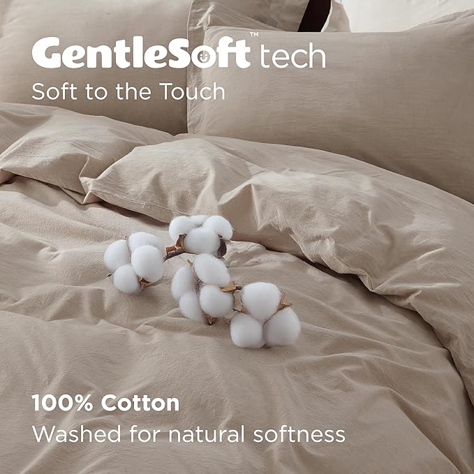 Bedsure 100% Washed Cotton Duvet Cover Oversized King - Frosted Almond Minimalist Cotton Duvet Cover Linen Like - GentleSoft™ Plain Simple Bedding (Frosted Almond, Oversized King, 120"x98")