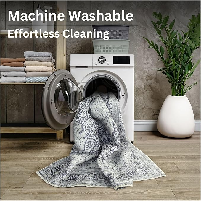 Bloom Rugs Washable Non-Slip 6' x 9' Rug - Charcoal Blue Traditional Medallion Area Rug for Living Room, Bedroom, Dining Room, and Kitchen - Exact Size: 6' x 9'