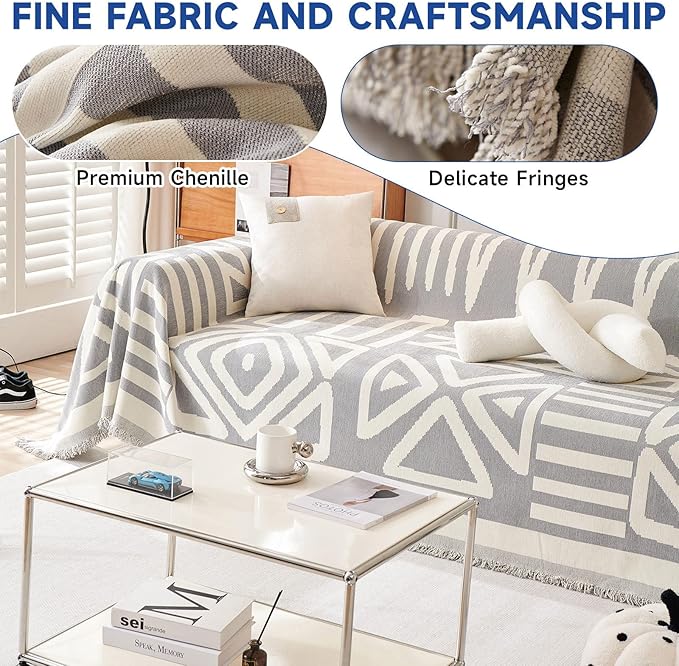 VClife Armchair Couch Cover, 1 Piece Boho Tribal Gray and White Geometric Jacquard Pattern Sofa Cover for 1 Cushion Couch Sofa, Soft Washable Chenille Chair Cover Slipcover for Living Room 71"X90"