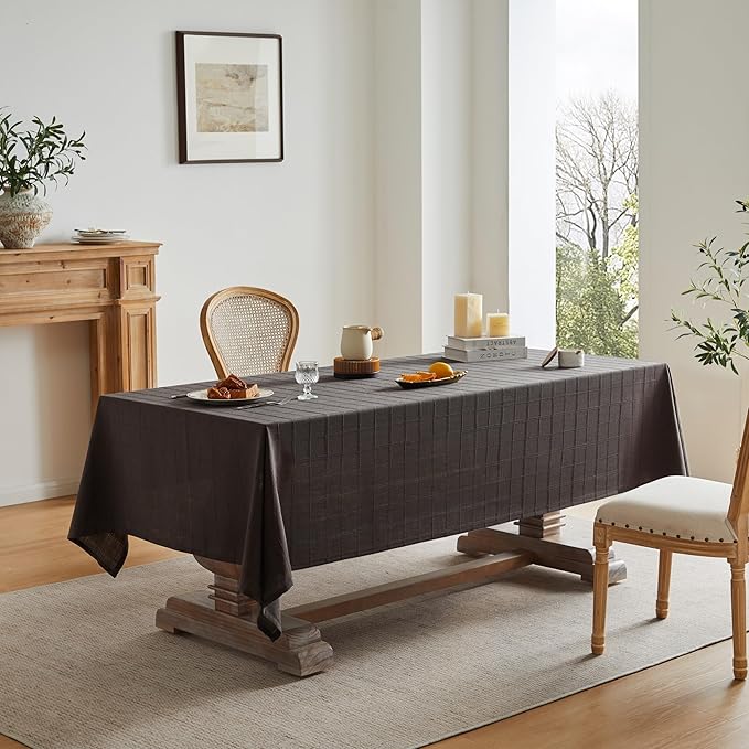 ZeeMart Linen Checked Table Cloth, Farmhouse Style Plaid Embroidered Charcoal Tablecloth, Water Resistant Rectangle Table Cloth, Charcoal 52x70 Inches