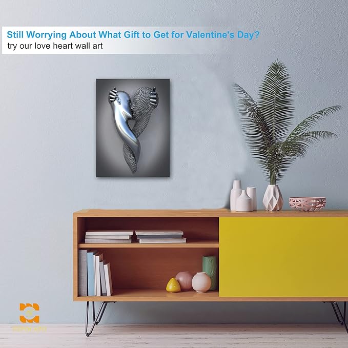 3D Metal Effect Wall Art - 3D Metal Canvas Art, Silver Modern Abstract hug Lovers Painting Picture Poster Prints for Bathroom, Romantic Couple Living Room Canvas Wall Art Framed 18”x24”x1Pcs