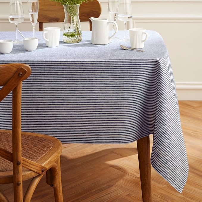 Solino Home Linen Square Tablecloth 52 x 52 Inch - Narrow Stripe, 100% Pure Linen Navy and White Table Throw - Machine Washable Tablecloth for Fall, Autumn, Thanksgiving, Christmas, Winter