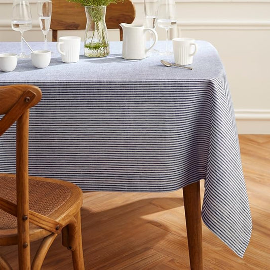 Solino Home Linen Square Tablecloth 52 x 52 Inch - Narrow Stripe, 100% Pure Linen Navy and White Table Throw - Machine Washable Tablecloth for Fall, Autumn, Thanksgiving, Christmas, Winter