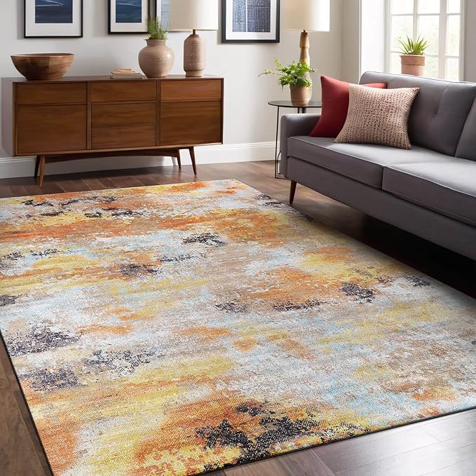 Non Slip Rugs 5x7 Modern Abstract Easy Silk Rubber Backing Soft Area Rug for Living Room Easy to Clean Non Shedding Kitchen for Bedroom Indoor Carpet (Orange - Brown, 5x7)