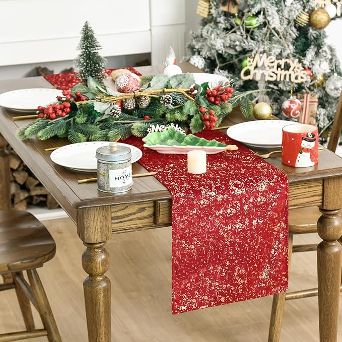 Artoid Mode Red Dutch Fleece Table Runner, Glitter Metallic Foil Holiday Kitchen Dining Table Decoration for Home Party Decor 13x36 Inch