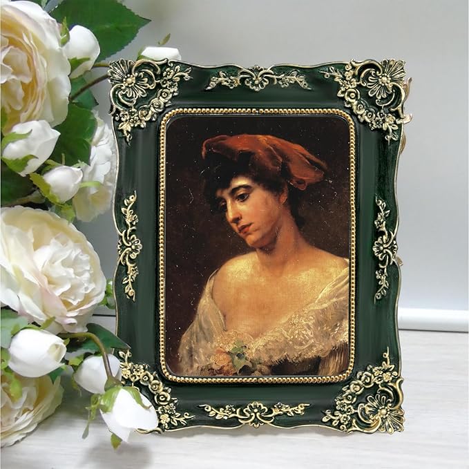 Green Picture Frame 5x7 Vintage Picture Frames Antique Ornate Baroque Victorian Handcrafted for Tabletop or Wall Display with Glass Front