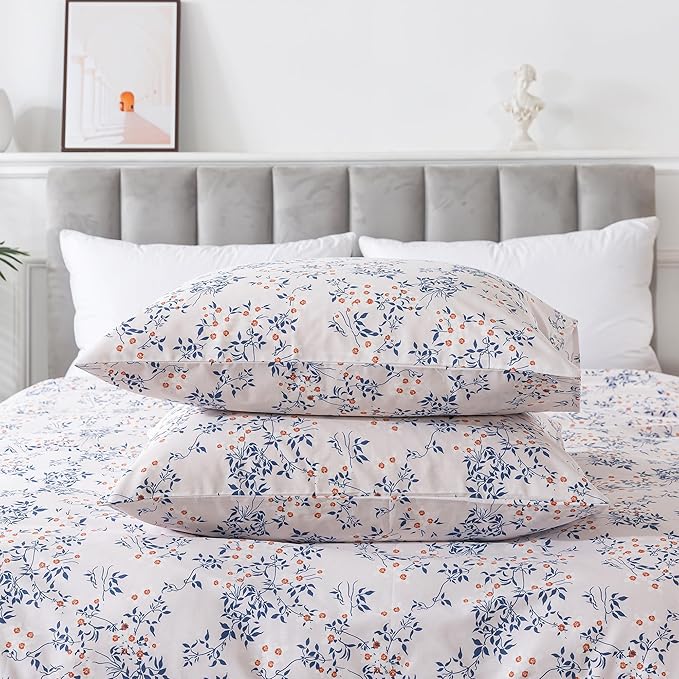 HoneiLife King Size Duvet Cover - 100% Cotton Comforter Cover, Soft & Breathable Floral Bedding Duvet Cover Sets with Zipper Closure & Corner Ties, 3-PC Wildflower Comforter Cover Sets, Blue Leaves