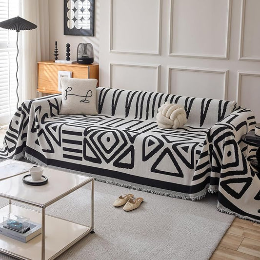 DREAMINGO Boho Couch Cover Washable Chenille Sofa Cover Blanket Beige Black Furniture Protector for Sectional 2 Cushion Couch Geometric Jacquard Reversible Loveseat Slipcover, Large 71"x118"