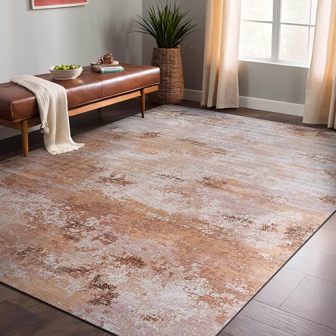 Machine Washable Rugs 8x10 Modern Abstract Non Slip Rubber Backing Soft Area Rug for Living Room Easy to Clean Non Shedding Kitchen for Bedroom Indoor Carpet (Beige - Brown, 8x10)