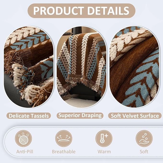 VClife Chenille Couch Cover for Sectional Sofa, Non Slip Couch Cover for 2 Cushion Couch Sofa, Washable Pet Couch Protector for Dog Chic Stripe Jacquard Sofa Slipcover with Tassel, Brown, 71''x118''