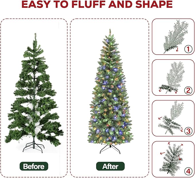 Hykolity 7.5 ft Prelit Pencil Slim Christmas Tree, 792 Branch Tips, 300 Color Changing LED Lights for Decoration, Metal Stand and Hinged Branches, 10 Color Modes